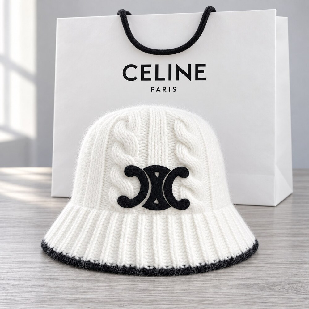 CELINE White Triomphe Knit Bucket Beanie - Picture 1 of 6